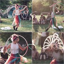 4 Fotos Collage von Person mit Hulahoopreifen
